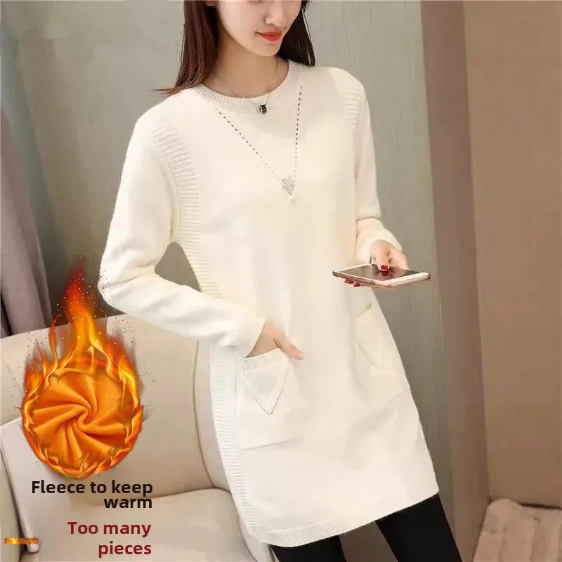 Pull Femme Tricot Mi-Long – Coupe Ample, Doublé Polaire, Style Coréen