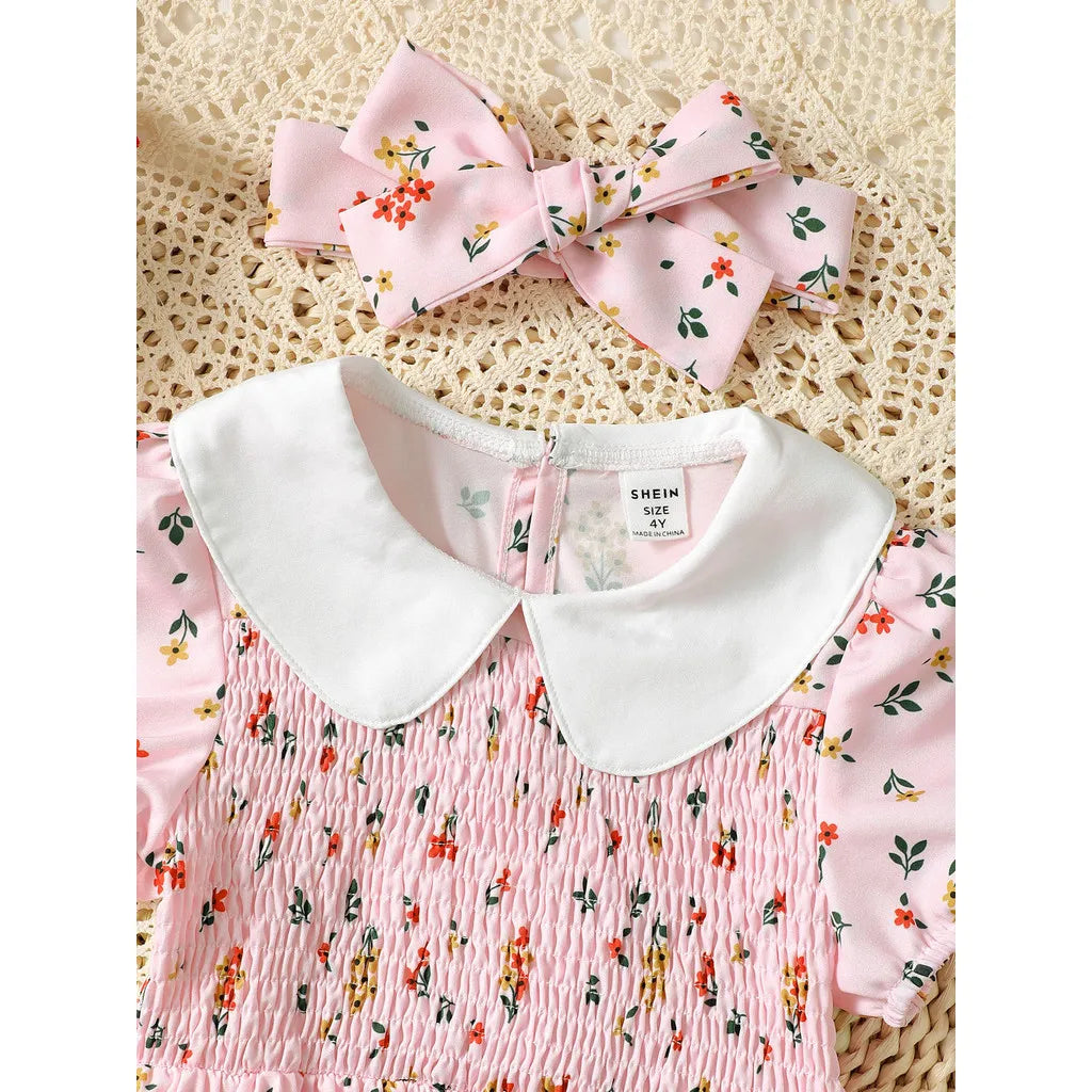 2PCS Girls Summer Dress – Peter Pan Collar, Short Sleeve, Floral, with Headband, Ages 4–7