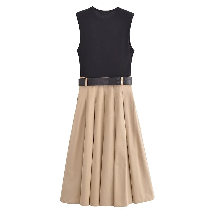 Women’s Pleated Midi Dress – Sleeveless Knitted Summer Sundress with Belt