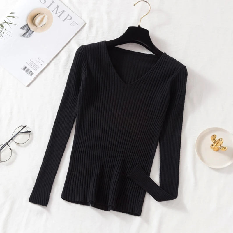 Women’s Autumn Winter V-Neck Knitted Pullover Sweater – Casual Long Sleeve Top