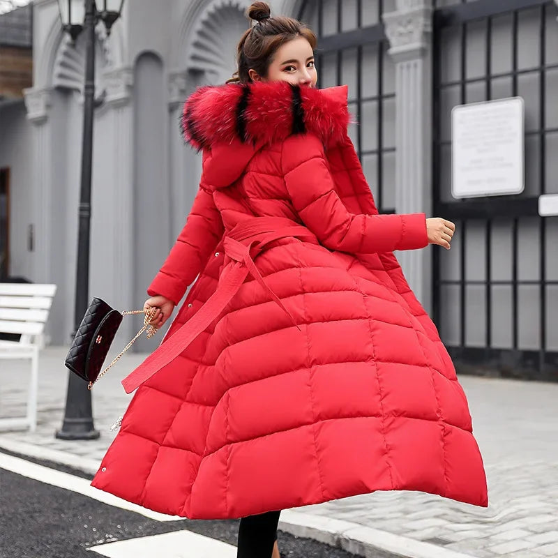 Veste Femme Coréenne Épaissie – Longue, Col Fourrure, Slim, Capuche, Coton Hiver