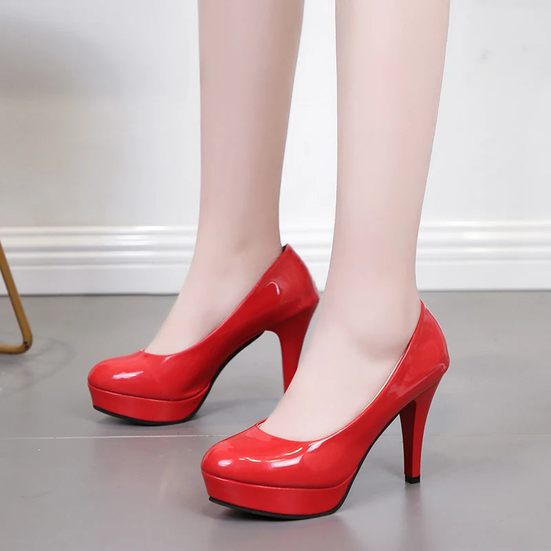 Beige waterproof platform high heels women's spring and autumn patent leather sexy round toe stiletto wedding shoes 10cm Size 42