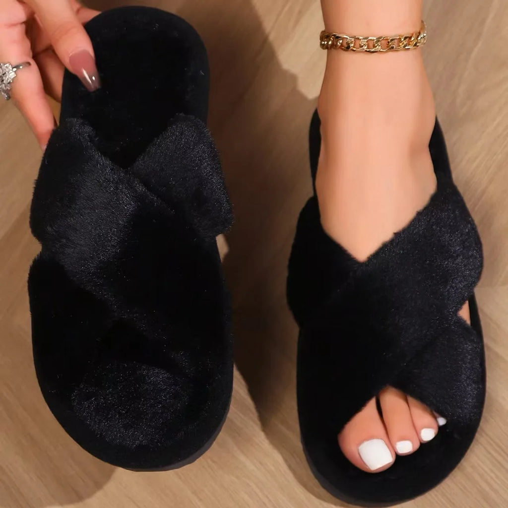 Cross Band Fluffy Fur Slippers – Cozy Open Toe Indoor Shoes for Women