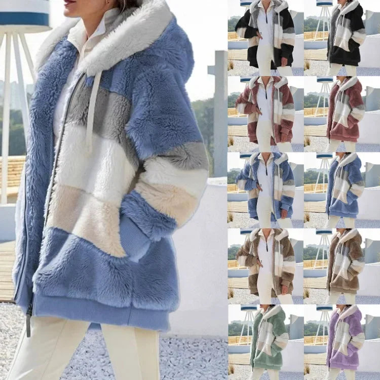 Veste Femme Oversize Polaire – Capuche, Zippée, Poches, Patchwork, Automne/Hiver, Confortable