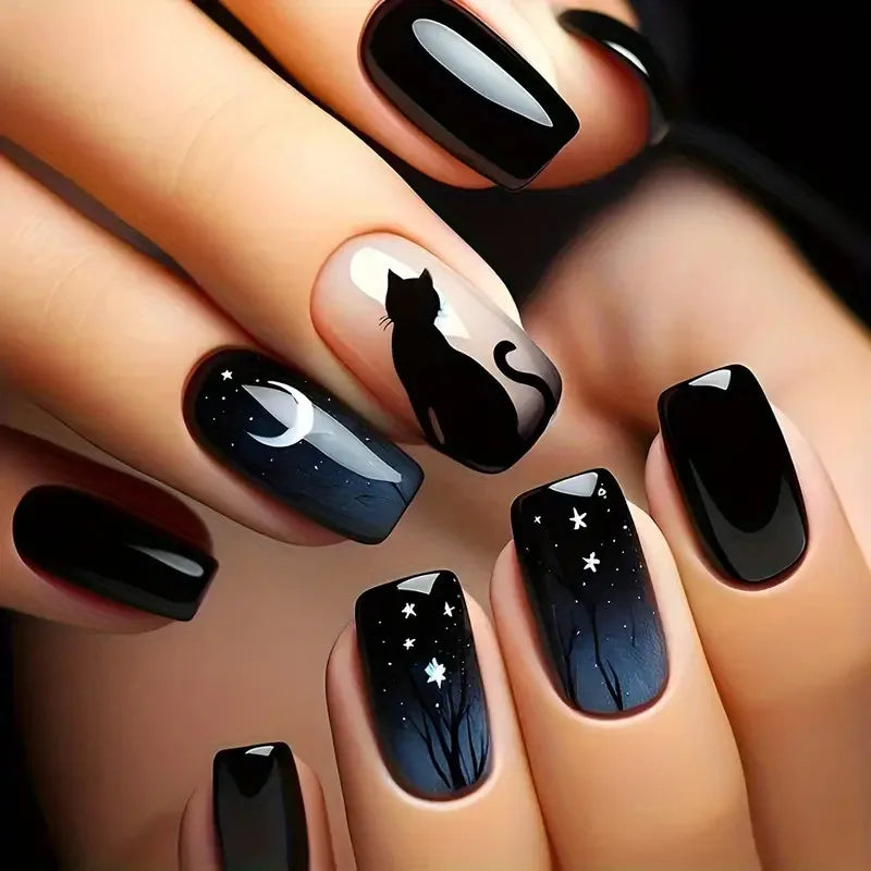 24PCS Halloween Mummy Fake Nails – Short Square, Full Coverage, Cute Press-On