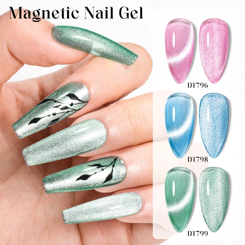 MEET ACROSS 7PCS Cat Magnetic Gel Nail Kit – Semi-Transparent Blue, Sparkling, UV Soak-Off