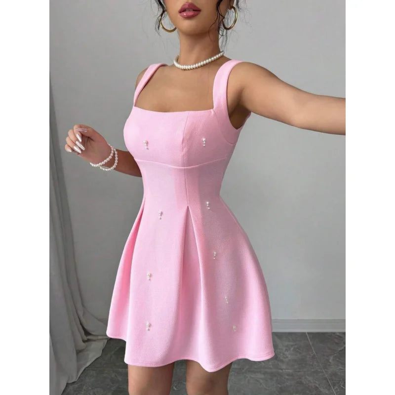 Summer Women Pink Pearl A-Line Dress