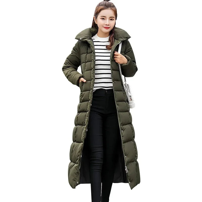 Veste Femme Coréenne Épaissie – Longue, Col Fourrure, Slim, Capuche, Coton Hiver