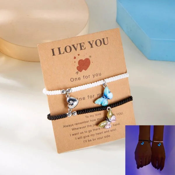 Butterfly Luminous Pendant Bracelet Set – Couples Black Rope