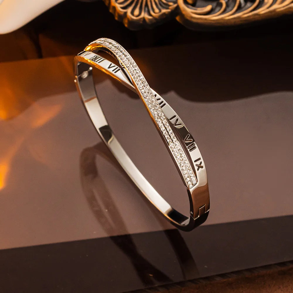 Classic Roman Numeral Cross Rhinestone Bracelet for Women