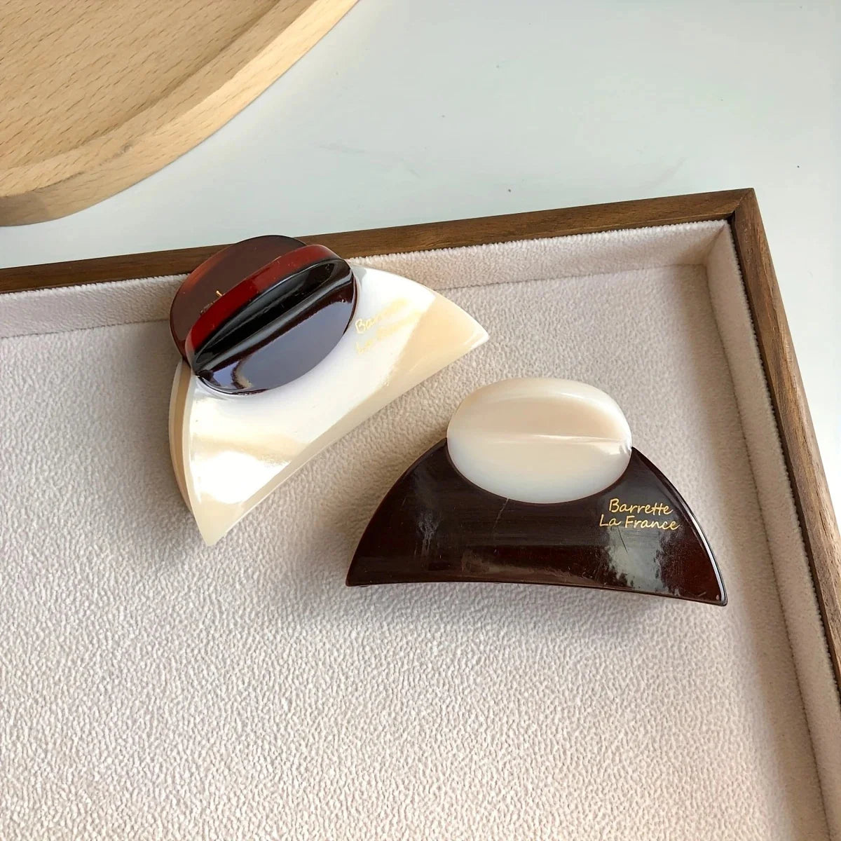 Vintage French Hair Clip – Two-Tone Wood & Marble Design
