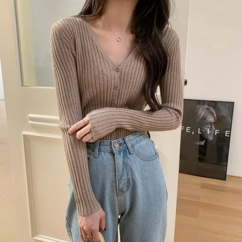 Cardigan Femme Tricoté – Coupe Ample, Col V, Style Printemps