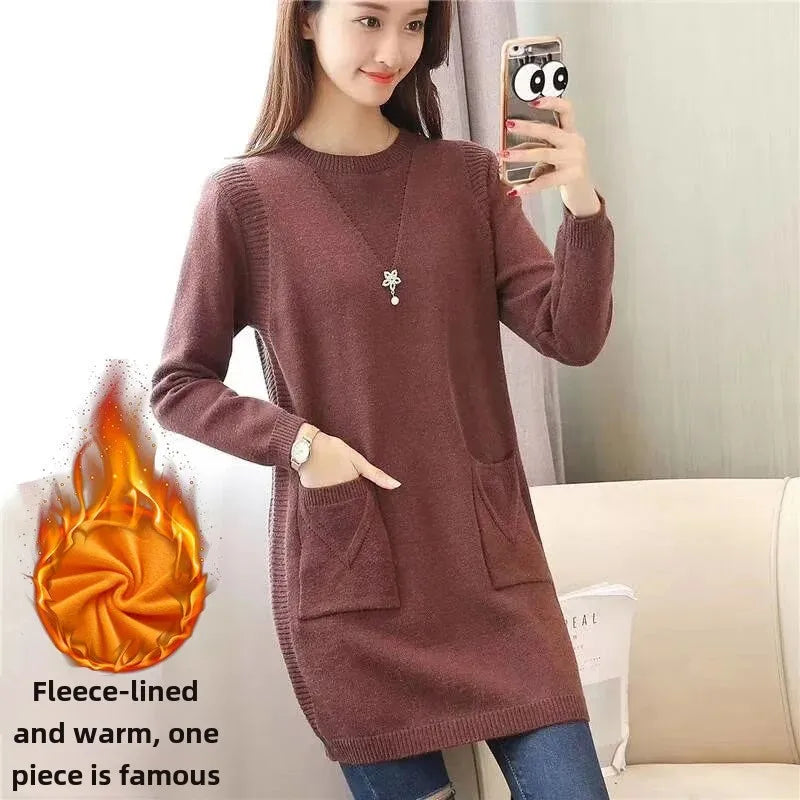 Pull Femme Tricot Mi-Long – Coupe Ample, Doublé Polaire, Style Coréen