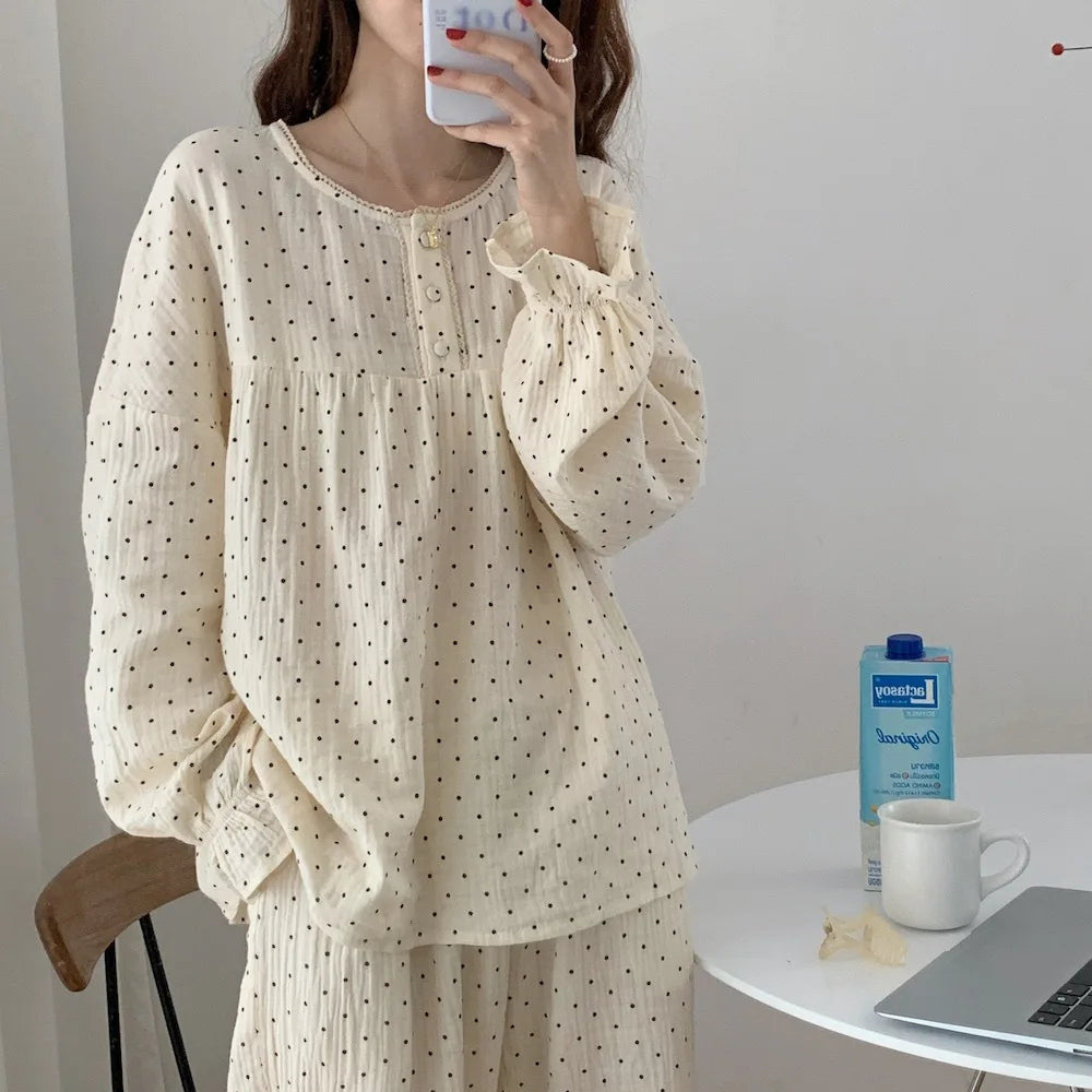 Ladies’ Korean-Style Long Sleeve & Pants Pajama Set – Loose Homewear