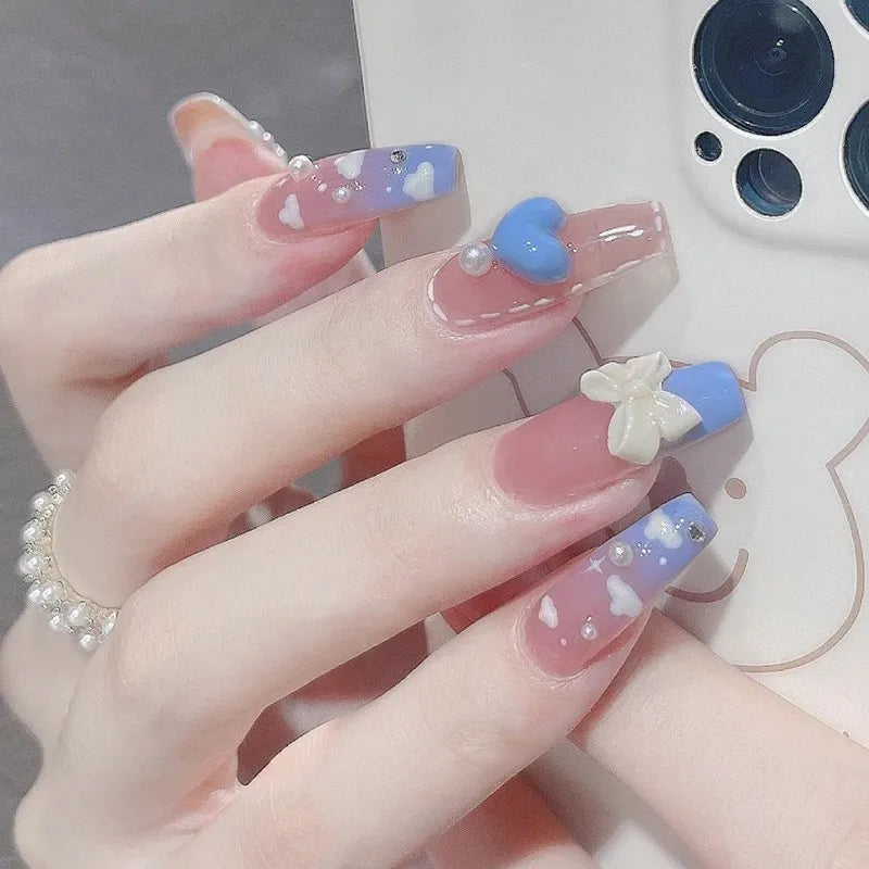 24PCS Pearl Bow Press-On Nails – Nude Pink, White French Almond, Full Cover, Includes Tools
