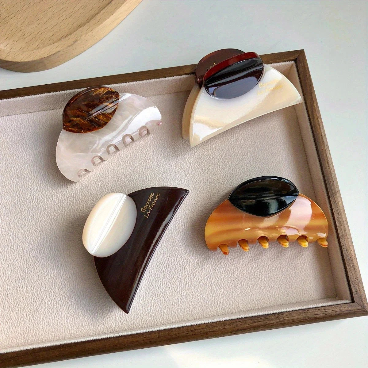 Vintage French Hair Clip – Two-Tone Wood & Marble Design