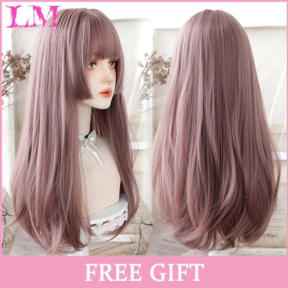 LM Cosplay Wig – 24" Long, Straight Pink, Bangs, Heat-Resistant