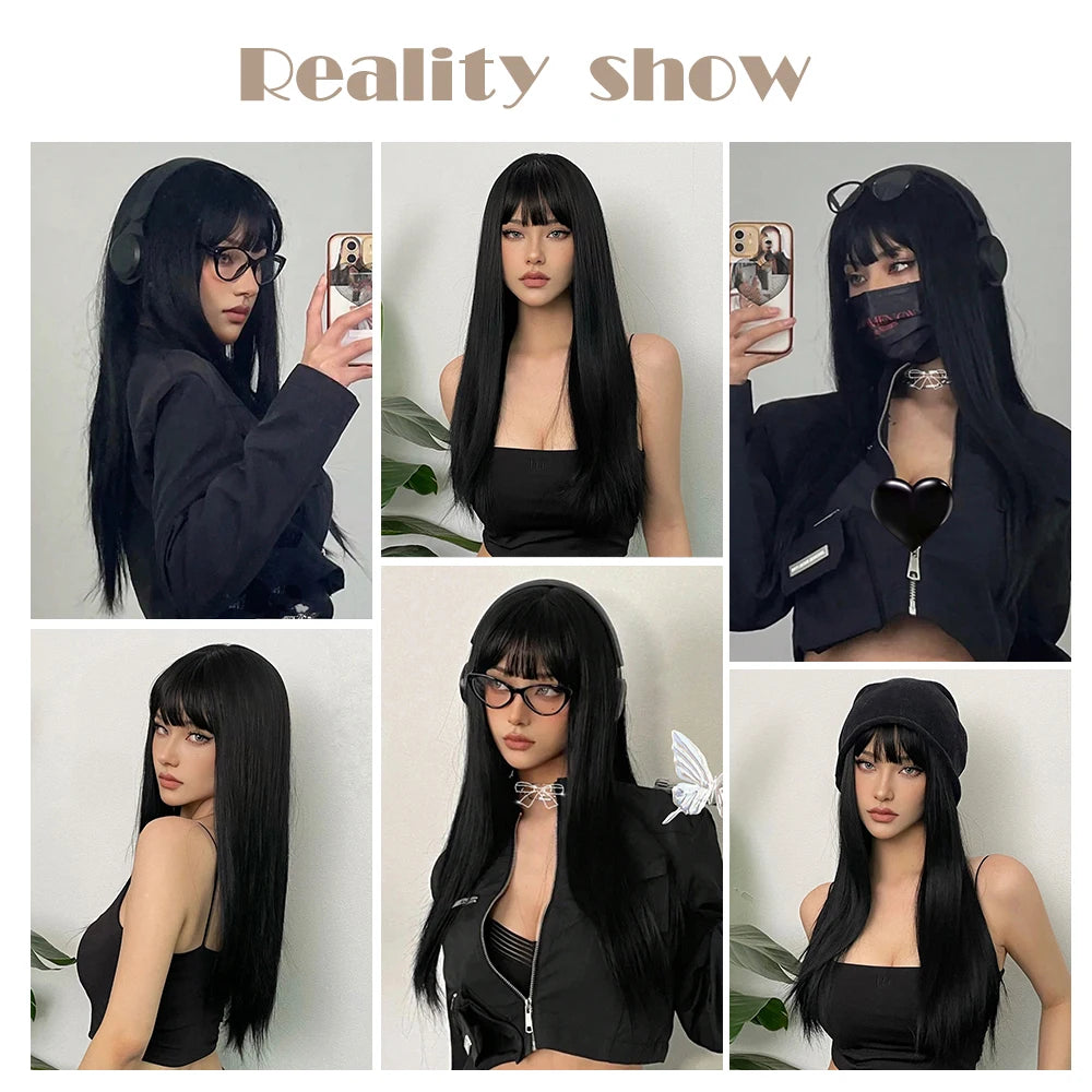 EASIHAIR Long Black Wig – Silky Straight, Bangs, Cosplay/Party, Heat-Resistant