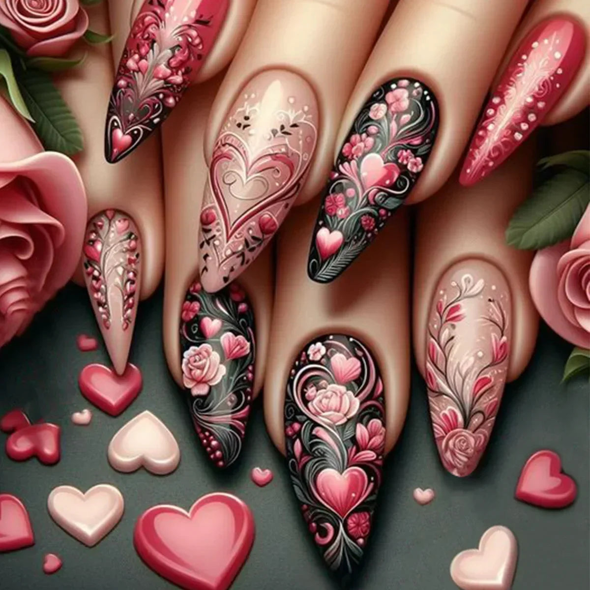 24pcs Matte Almond Press-On Nails with Rose Leaf Design