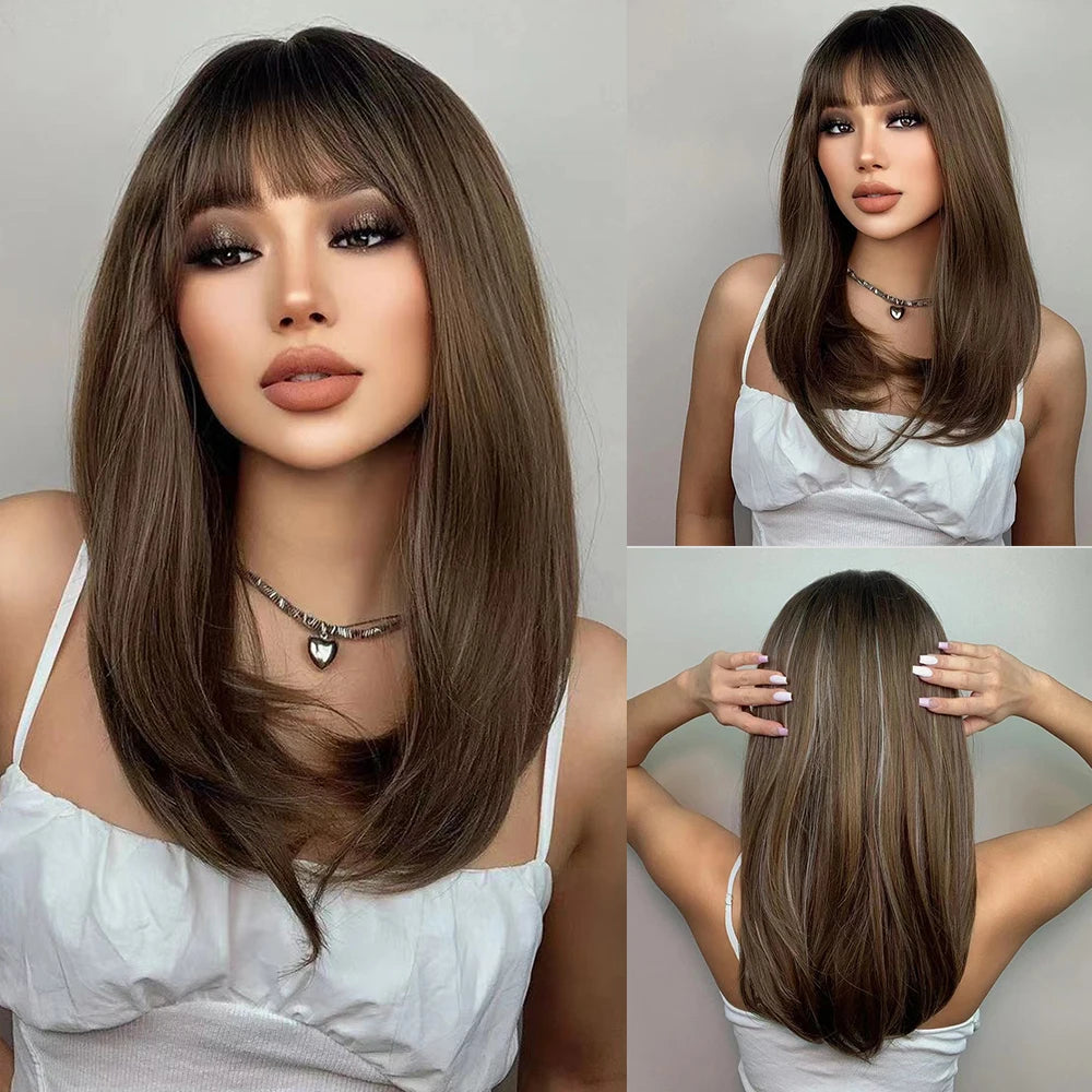 Long Blonde Wig – Straight Layered, Platinum Highlights, Bangs, Synthetic, Heat-Resistant, Daily Use