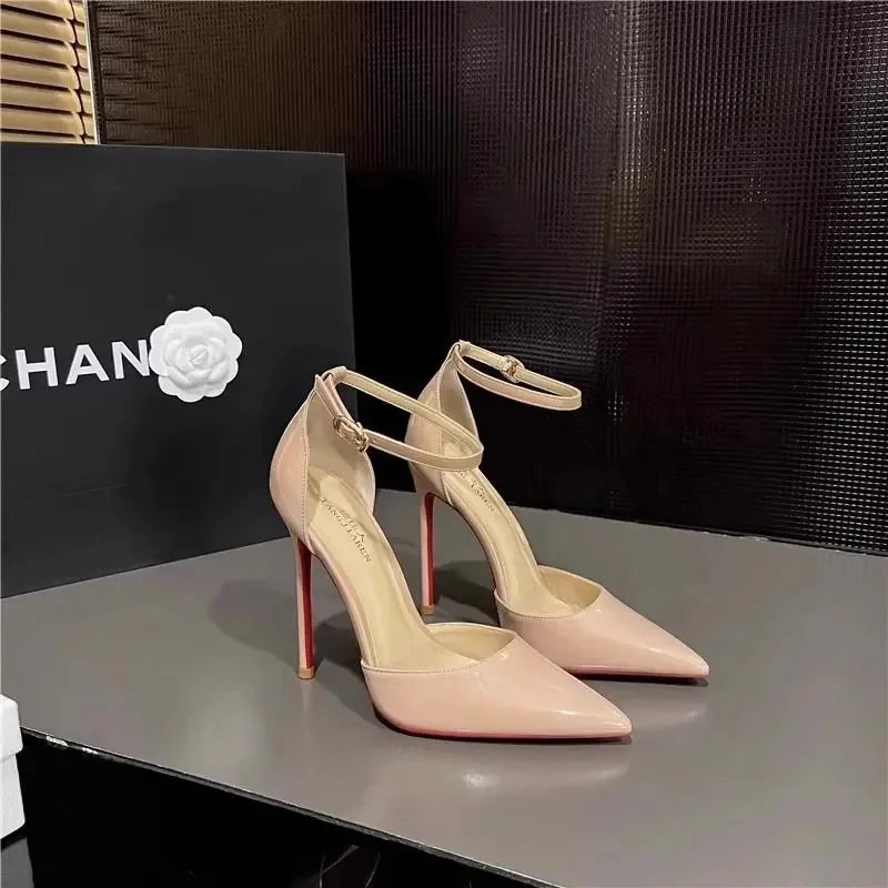 Women's Black Pointed Toe Thin Heel Red Sole Sandals