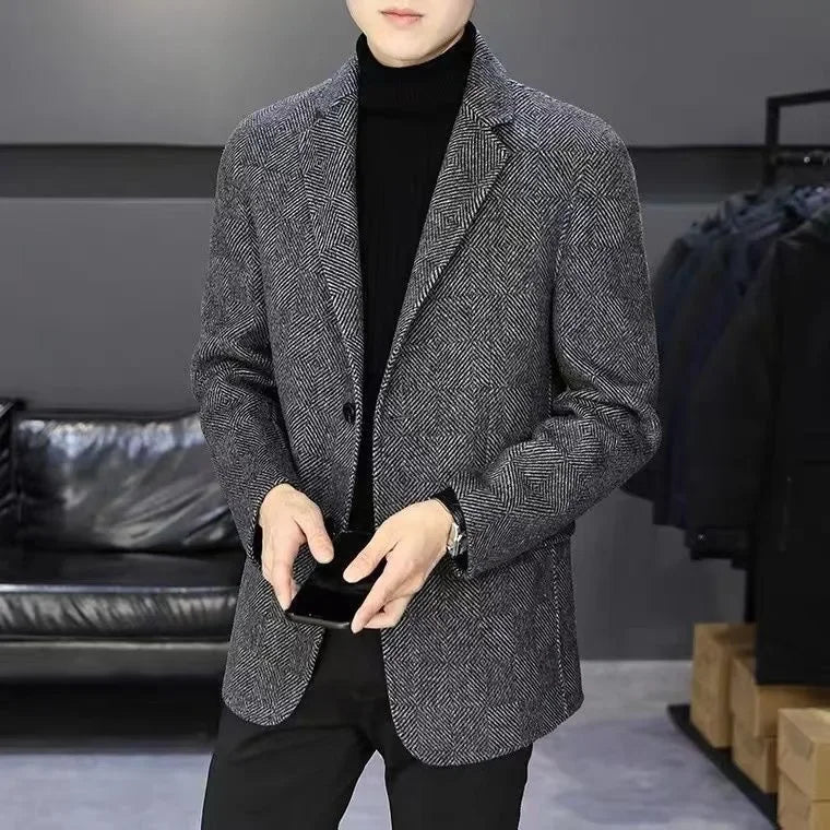 Men's Short Coat – Casual, Herringbone Wool, Slim Fit, Business & Trendy, AE Stock Brand