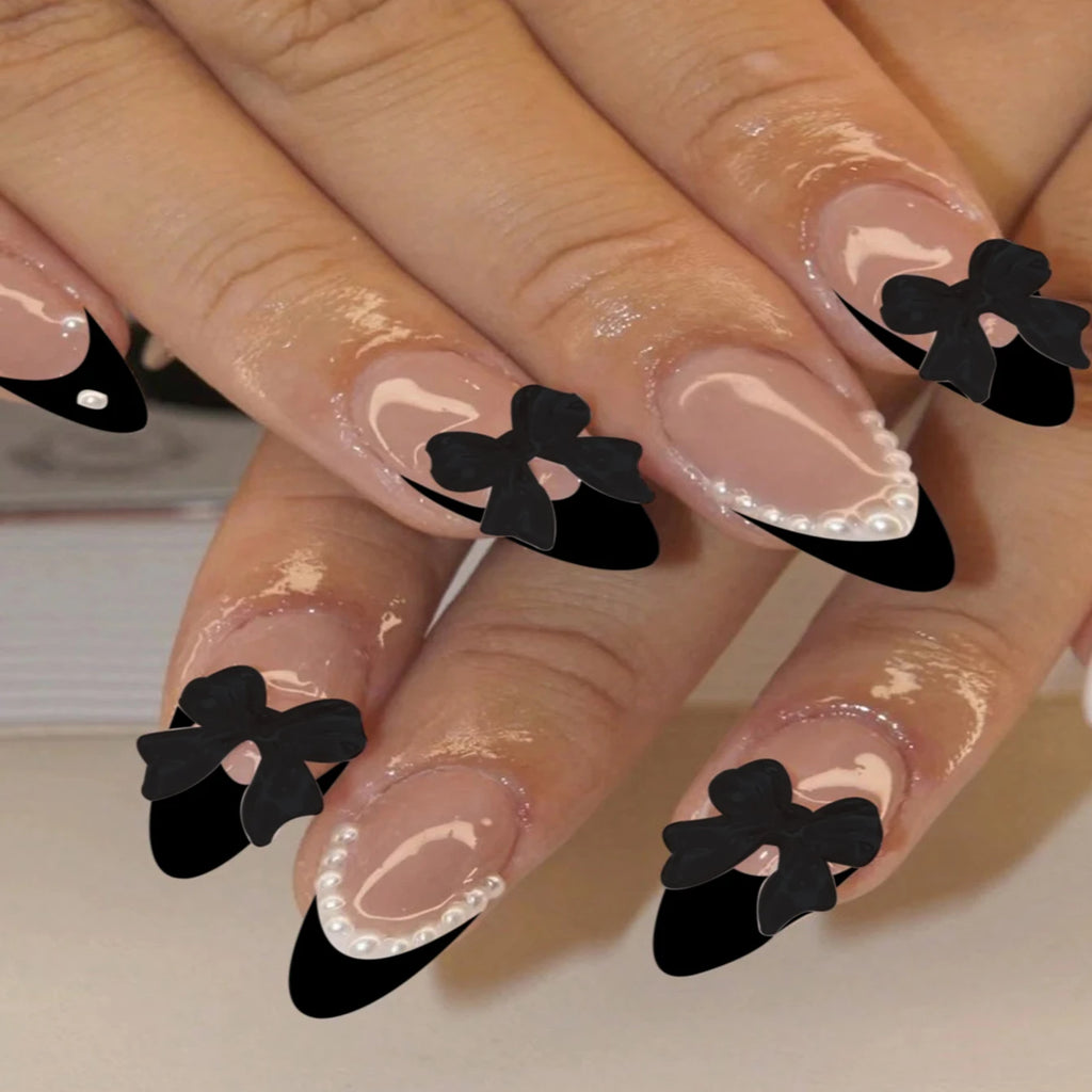 ARTAUG 24PCS Press-On Nails – Medium Stiletto, Pink Bowknot, French Trim, Full Cover
