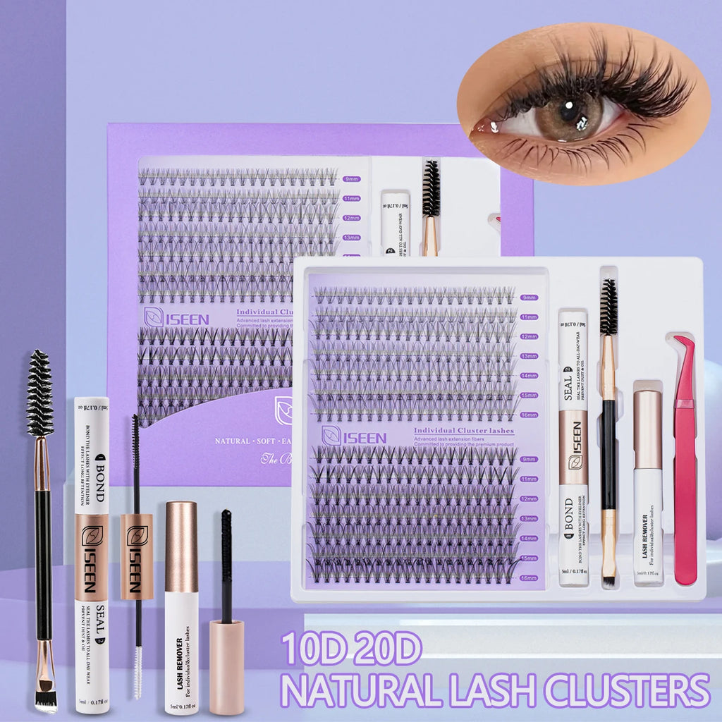ISEEN DIY Lash Extension Kit – Mixed Styles, Clusters, Includes Bond & Seal, Tweezers & Brush