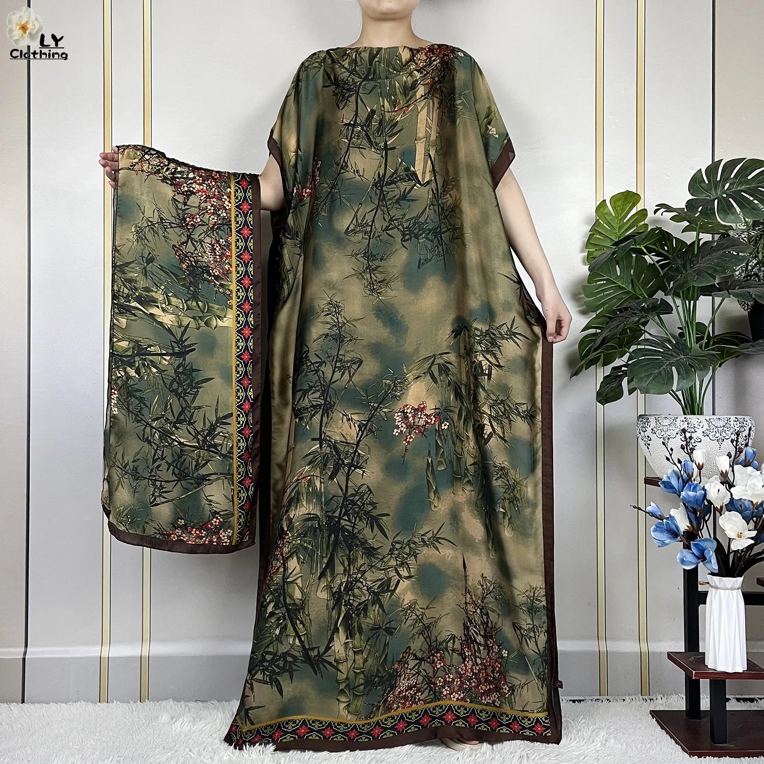 Dubai Printed Silk Maxi Dress with Turban – Loose Casual Islamic Fashion for Women