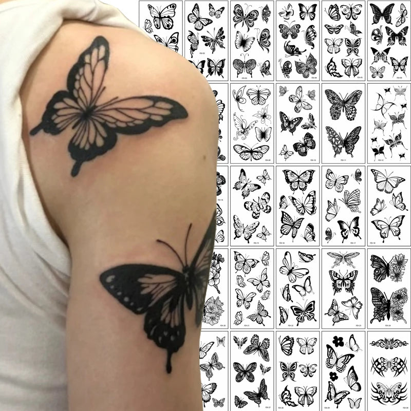 Black Butterfly Temporary Tattoos – 30PCS, 3D, Waterproof, for Arms & Legs