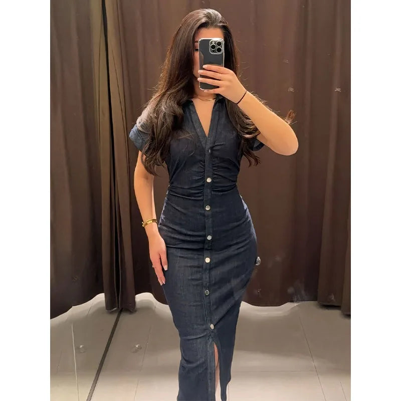 Summer Women's V-Neck Slim Fit Denim Dress