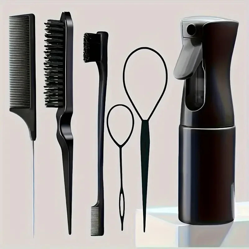 6PCS Hair Brush Set – Spray Bottle, Braiding Loop, Rat Tail Comb, Teasing & Edge Control Brushes