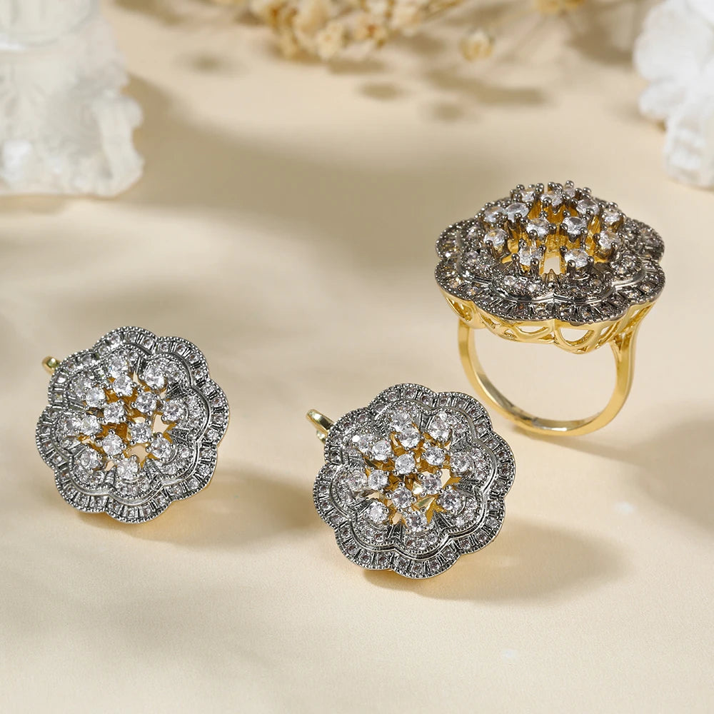 Large Two-Color Hollow Flower Earrings – 14K Gold Plated