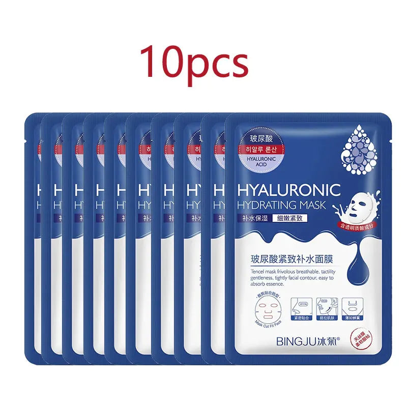 10PCS Hyaluronic Acid Face Mask – Moisturizing, Oil-Control, Anti-Aging, Whitening
