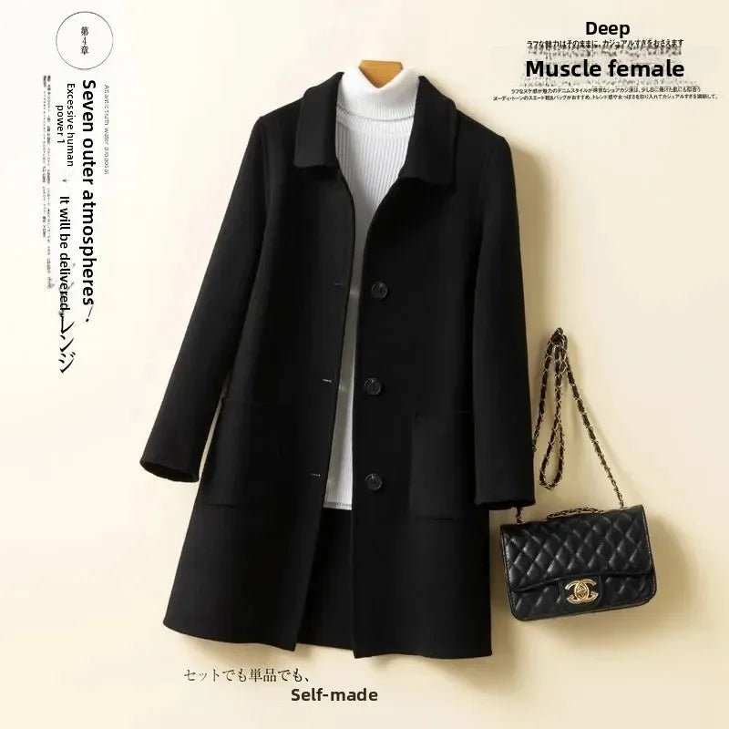 Manteau Femme Mi-Long Luxe – Style Coréen, Cachemire Double-Face, Laine Épaissie, Polyester Hiver