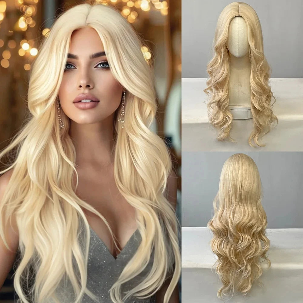 Black Synthetic Wig – Long Wavy, Middle Part, Heat-Resistant, Party & Daily Use