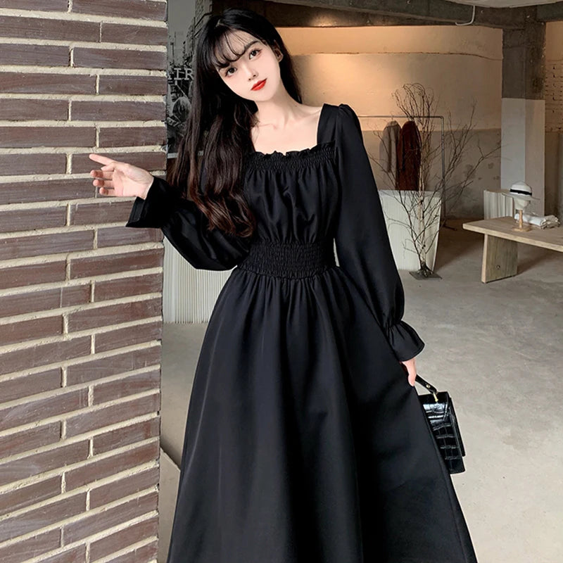 Women Black Square Collar Long Dress Elegant Retro Loose Spring/Autumn