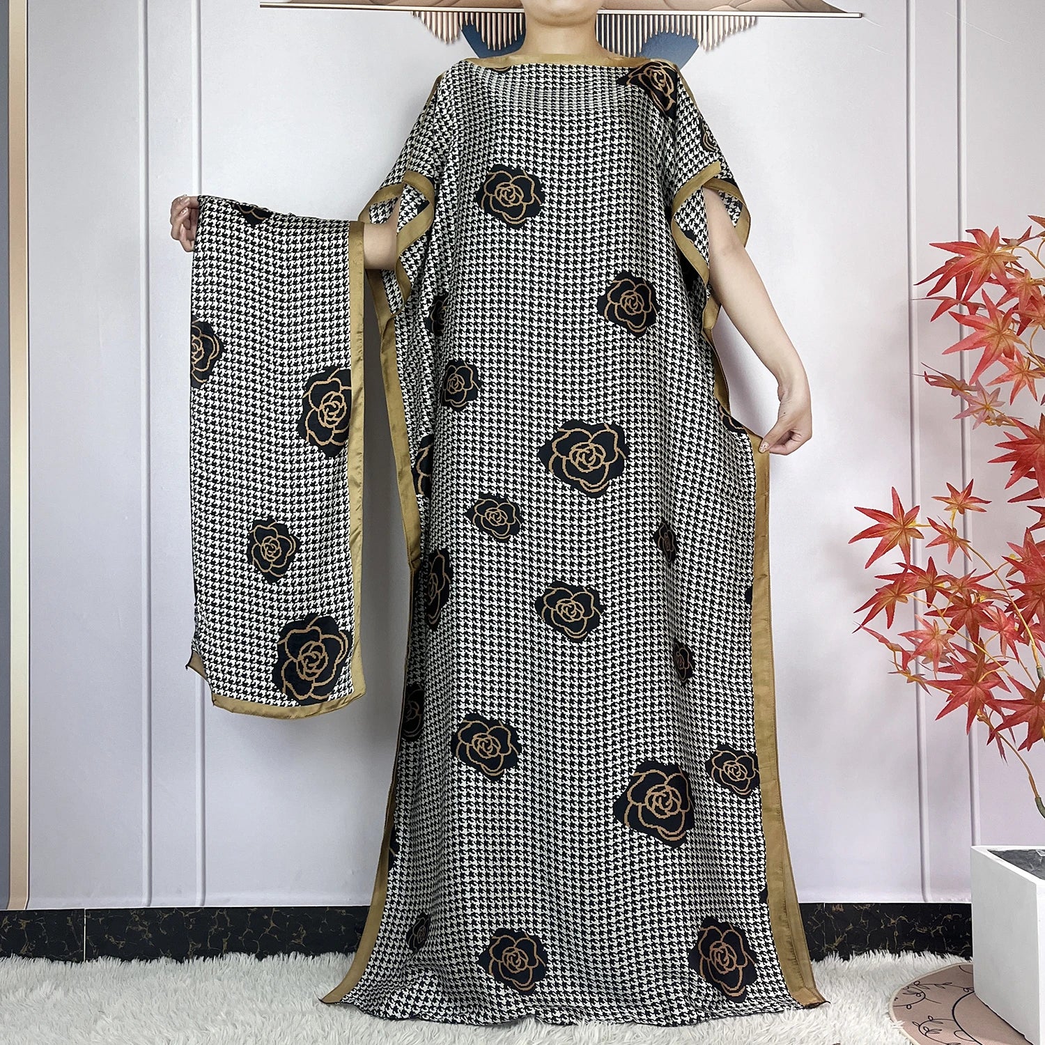 Dubai Printed Silk Maxi Dress with Turban – Loose Casual Islamic Fashion for Women