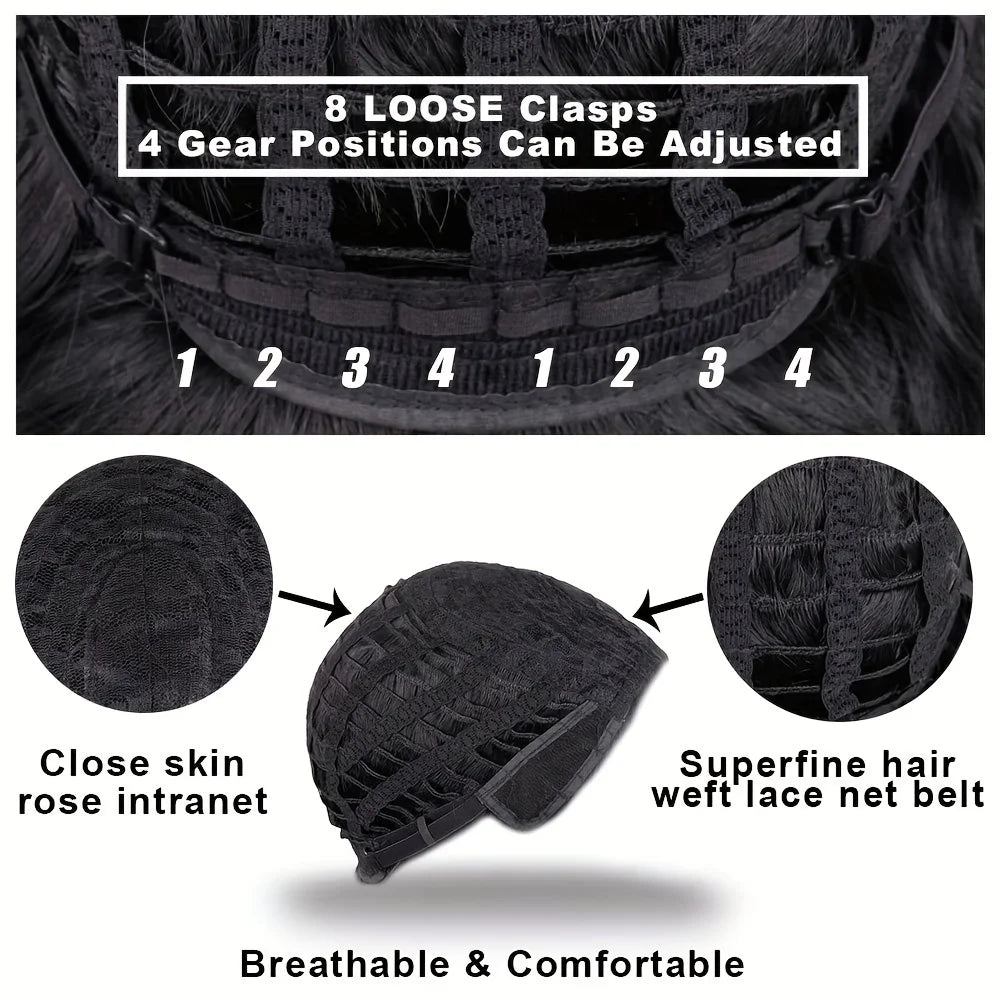 Short Dark Brown Wig – Blonde Highlights, Pixie Cut, Synthetic Layered, Bangs, Natural Look