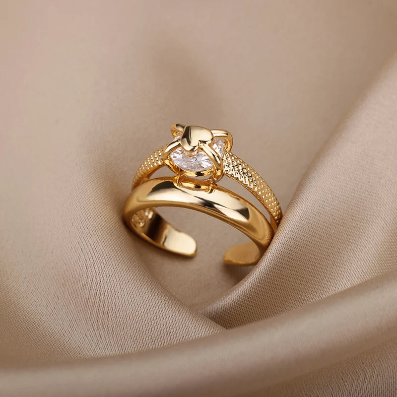 Gold Intertwined Heart Zircon Open Ring for Women