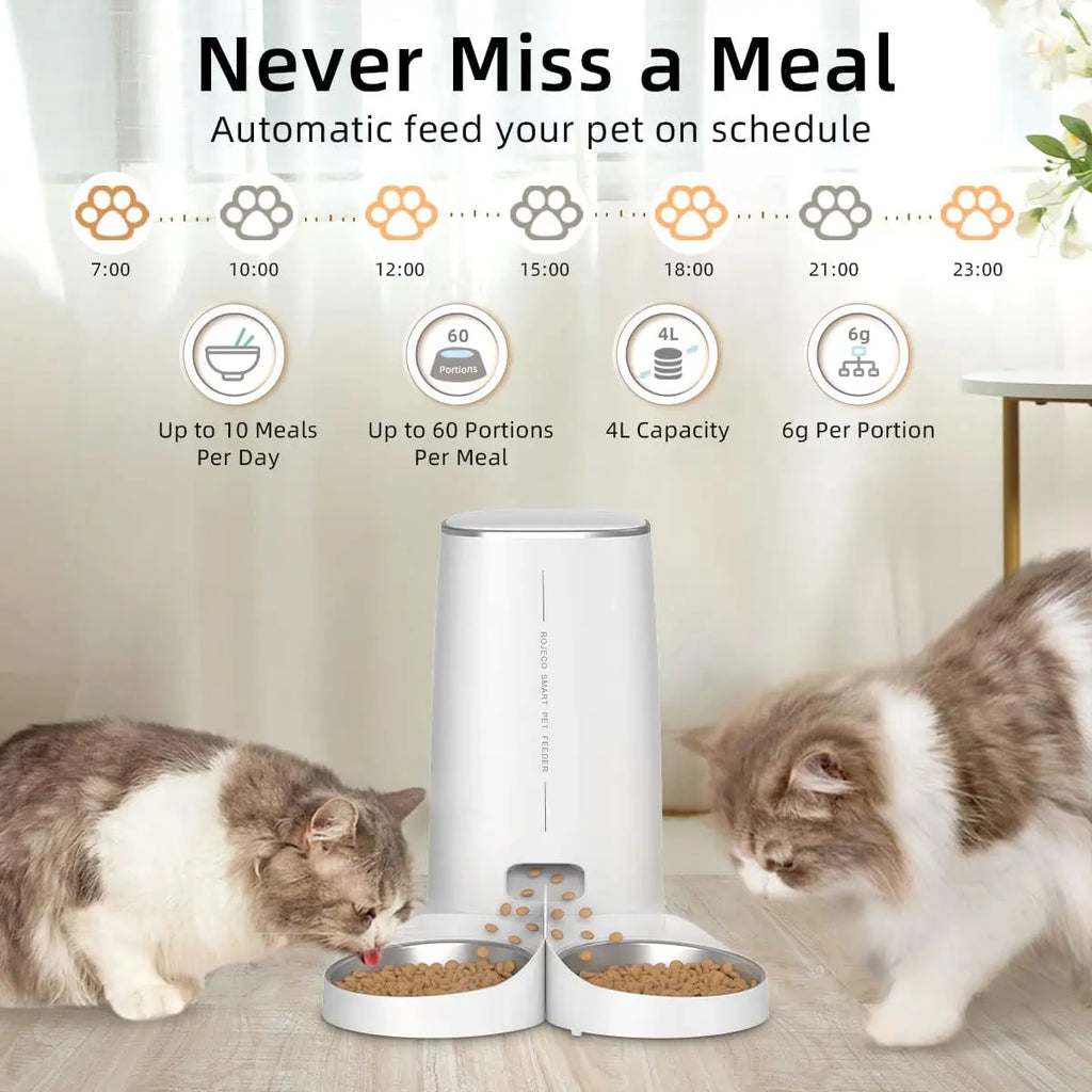 ROJECO Smart Automatic Cat Feeder – WiFi, Remote Control, Kibble Dispenser for Cats & Dogs