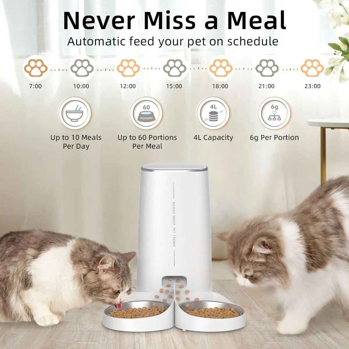 ROJECO Smart Automatic Cat Feeder – WiFi, Remote Control, Kibble Dispenser for Cats & Dogs