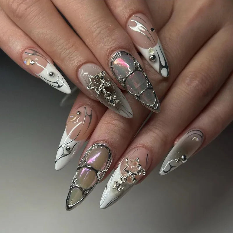 Gray & White Fake Nails – French Style, Flame Blend, Reusable, Wearable