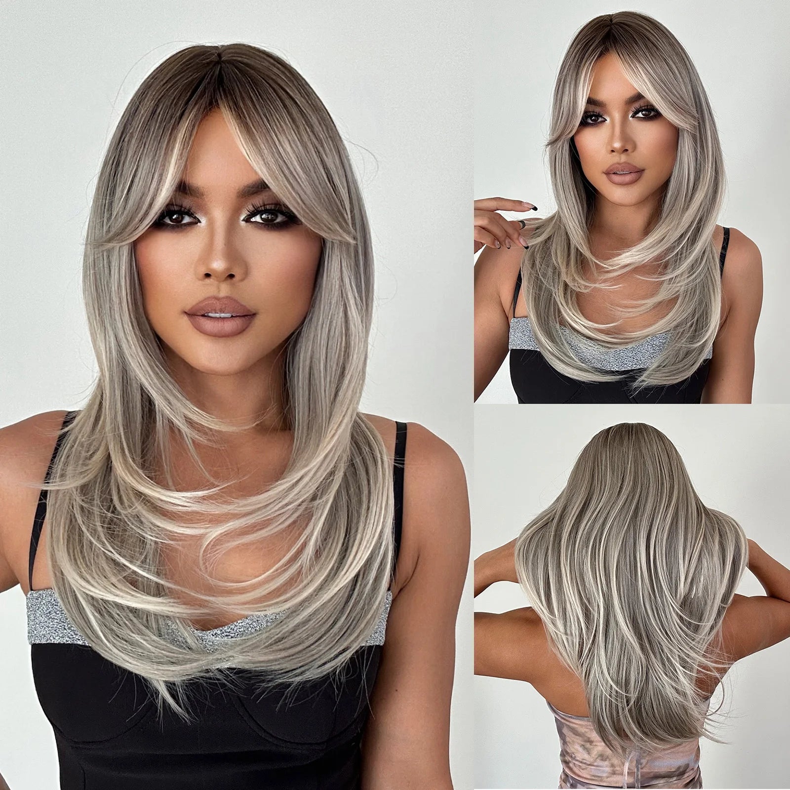 Long Blonde Wig – Straight Layered, Platinum Highlights, Bangs, Synthetic, Heat-Resistant, Daily Use