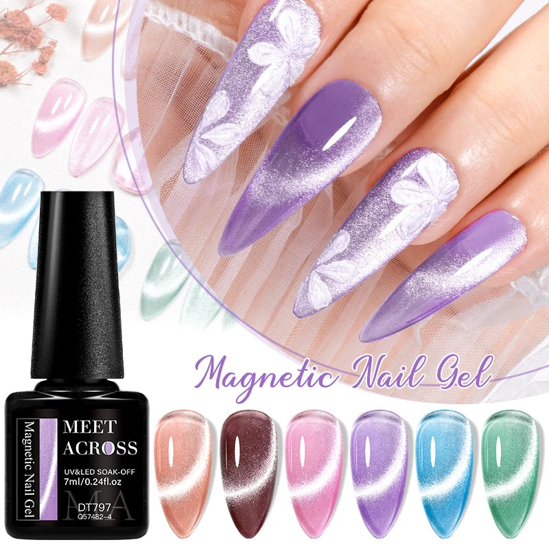 MEET ACROSS 7PCS Cat Magnetic Gel Nail Kit – Semi-Transparent Blue, Sparkling, UV Soak-Off
