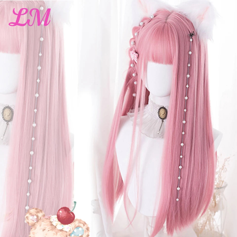 LM Cosplay Wig – 24" Long, Straight Pink, Bangs, Heat-Resistant