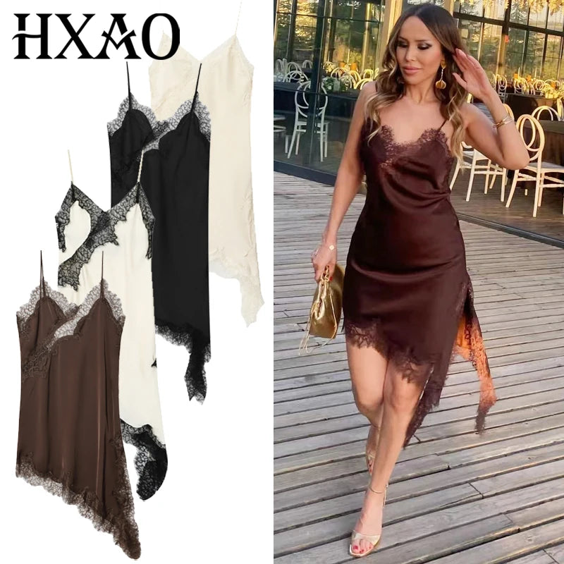 HXAO Women's Lace Asymmetric Slip Dress