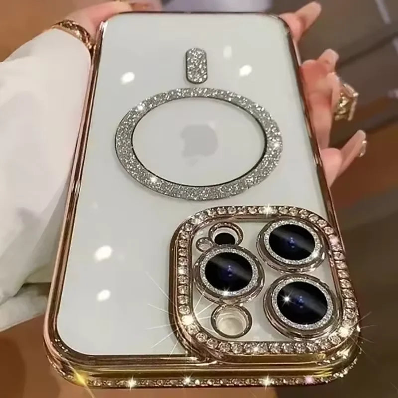 Glitter Diamond Transparent iPhone Case – Magnetic Wireless Charging Compatible