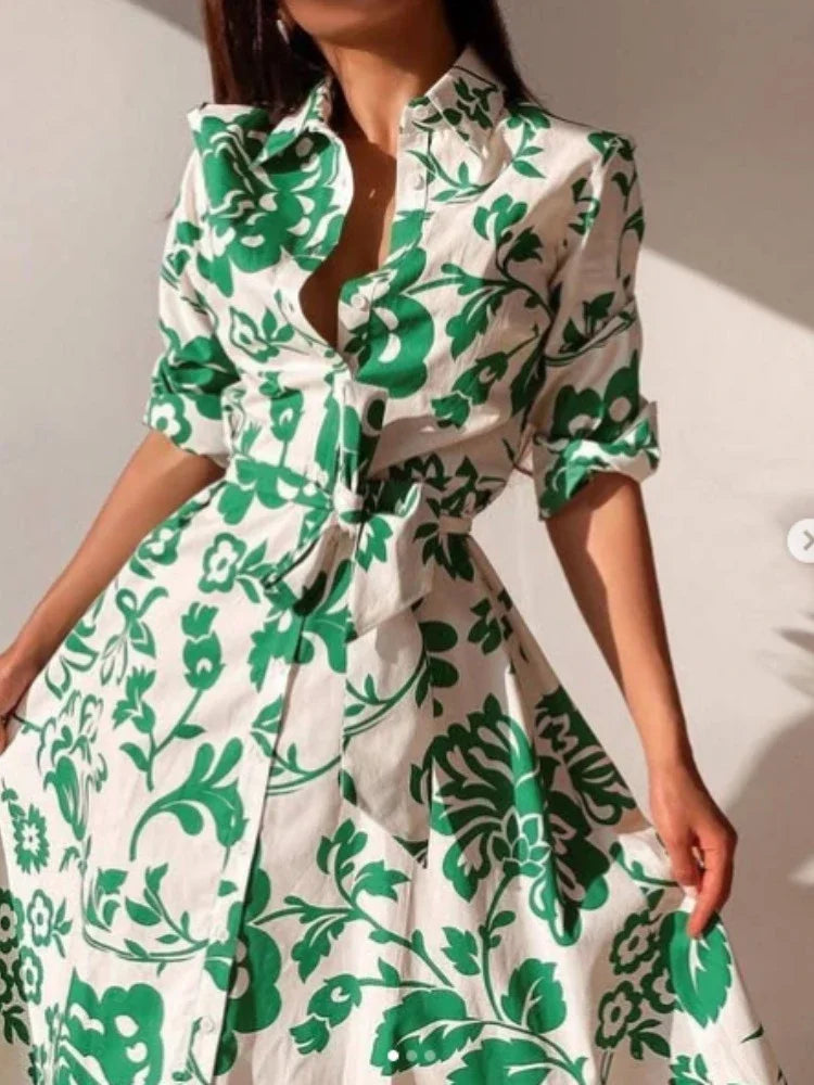 Autumn Women's Printed Lapel Shirt Dress
