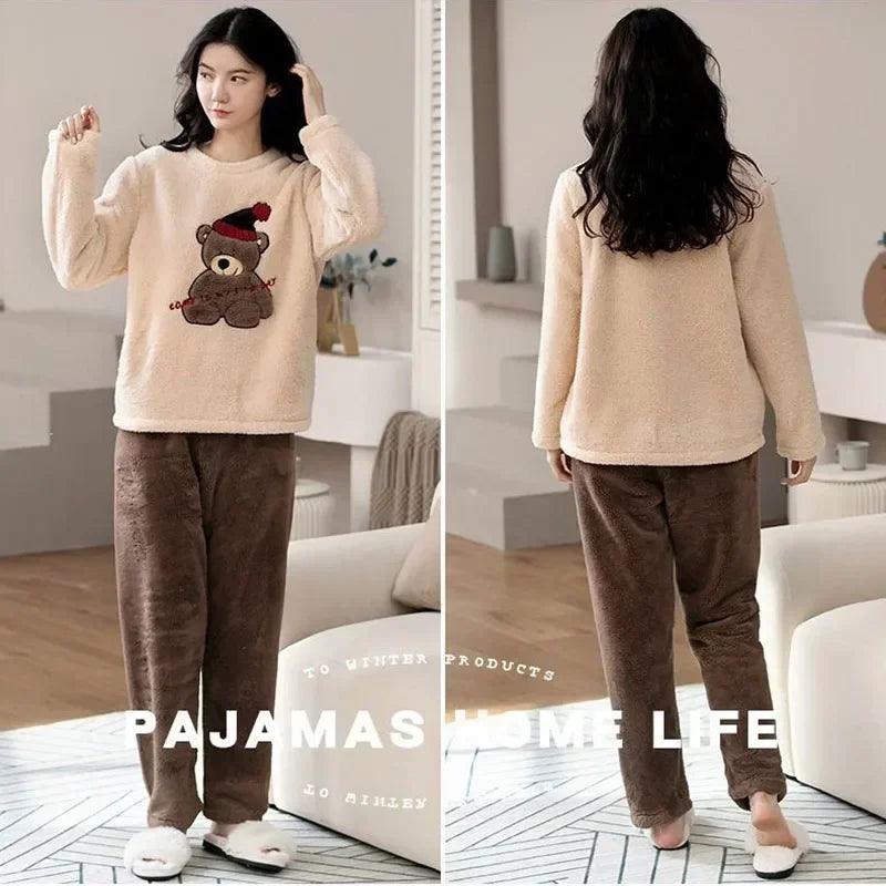 Women’s Flannel Cartoon Bear Loungewear – Long Sleeve & Trouser Two-Piece Set